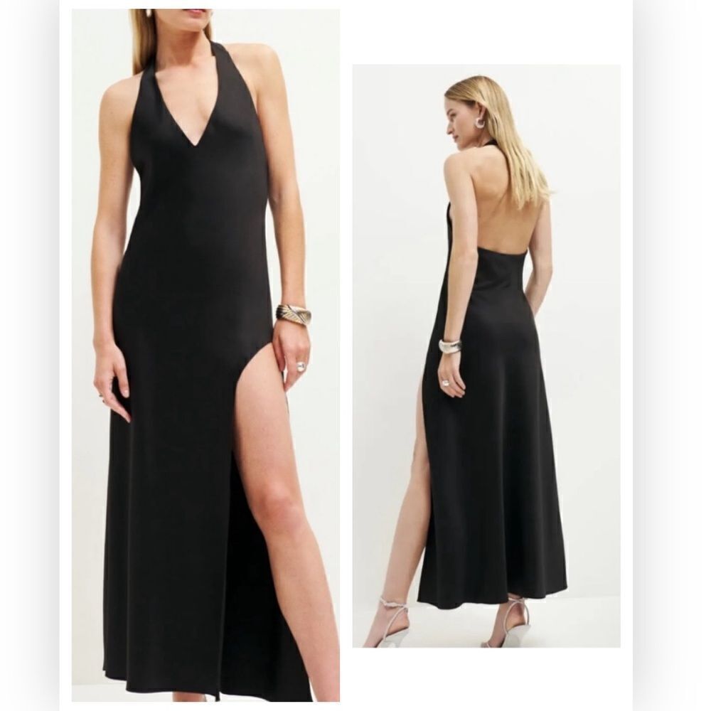 NWT Reformation ‘Meral’ Black Satin Halter Dress Small $298